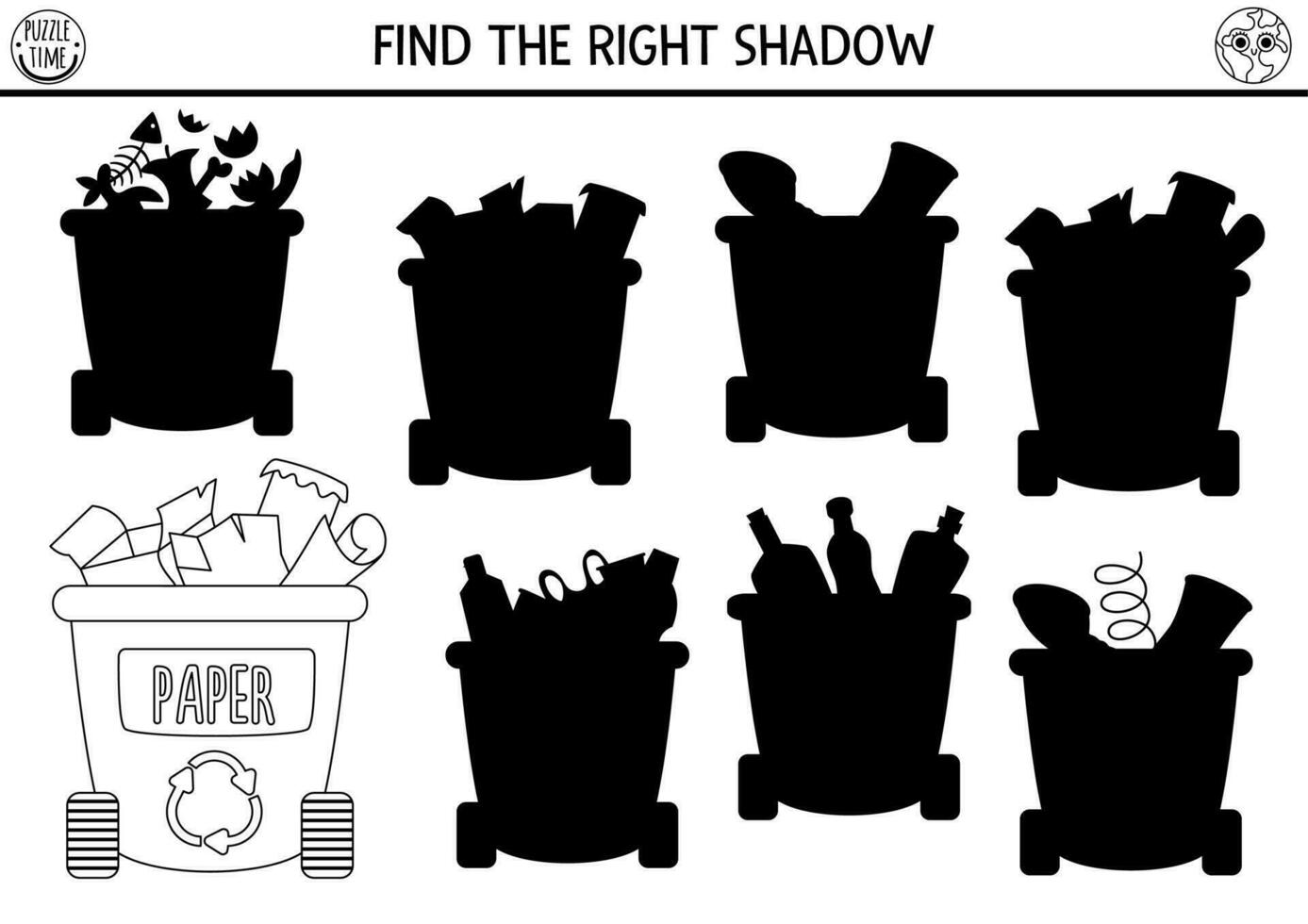 ecológico negro y blanco sombra pareo actividad con residuos clasificación concepto. tierra día rompecabezas. encontrar correcto silueta imprimible hoja de cálculo o juego. eco conciencia colorante página para niños vector