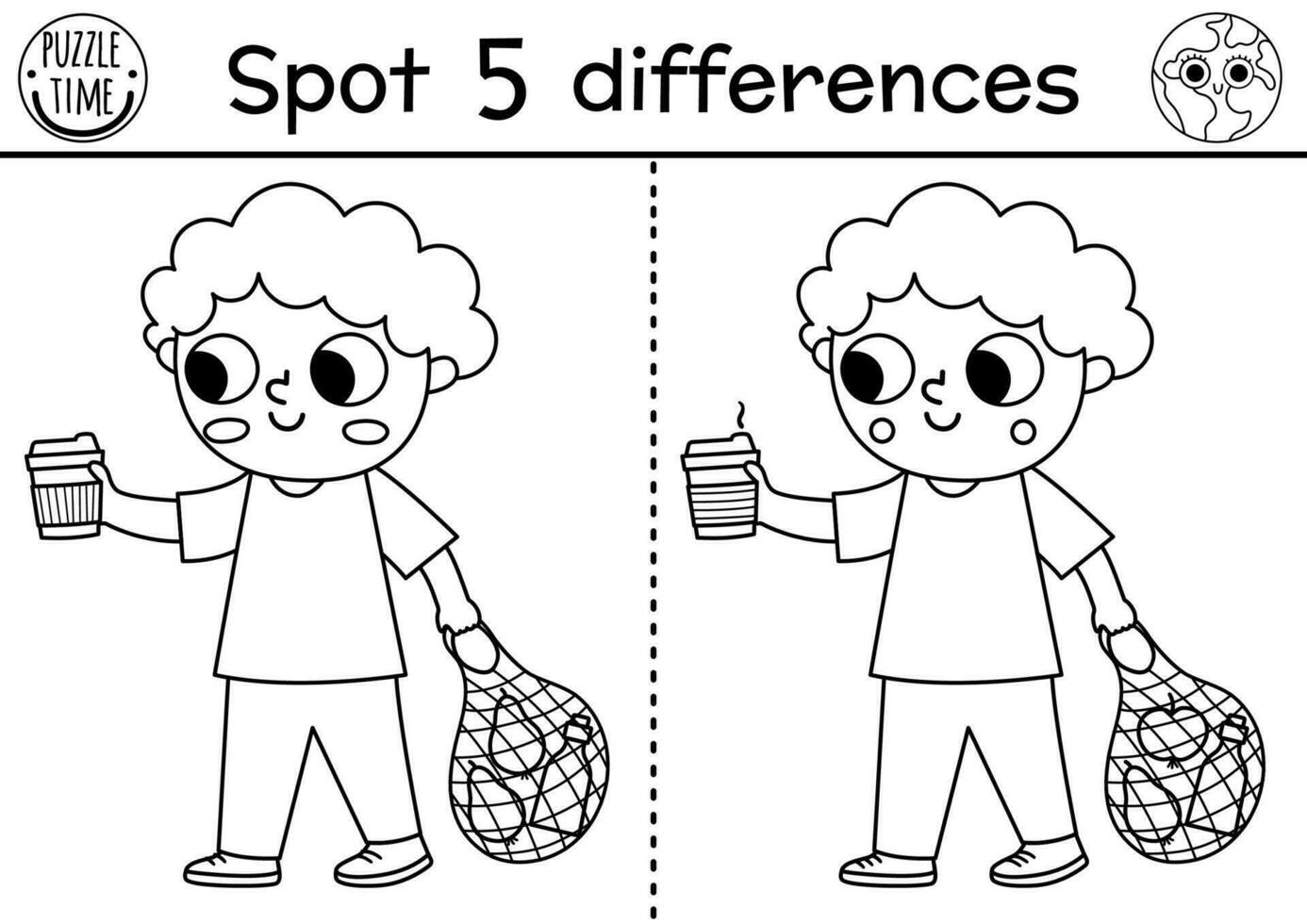 Find differences game. Ecological black and white educational activity with cute boy with reusable cup and bag. Earth day line puzzle for kids. Eco awareness or zero waste printable coloring page vector