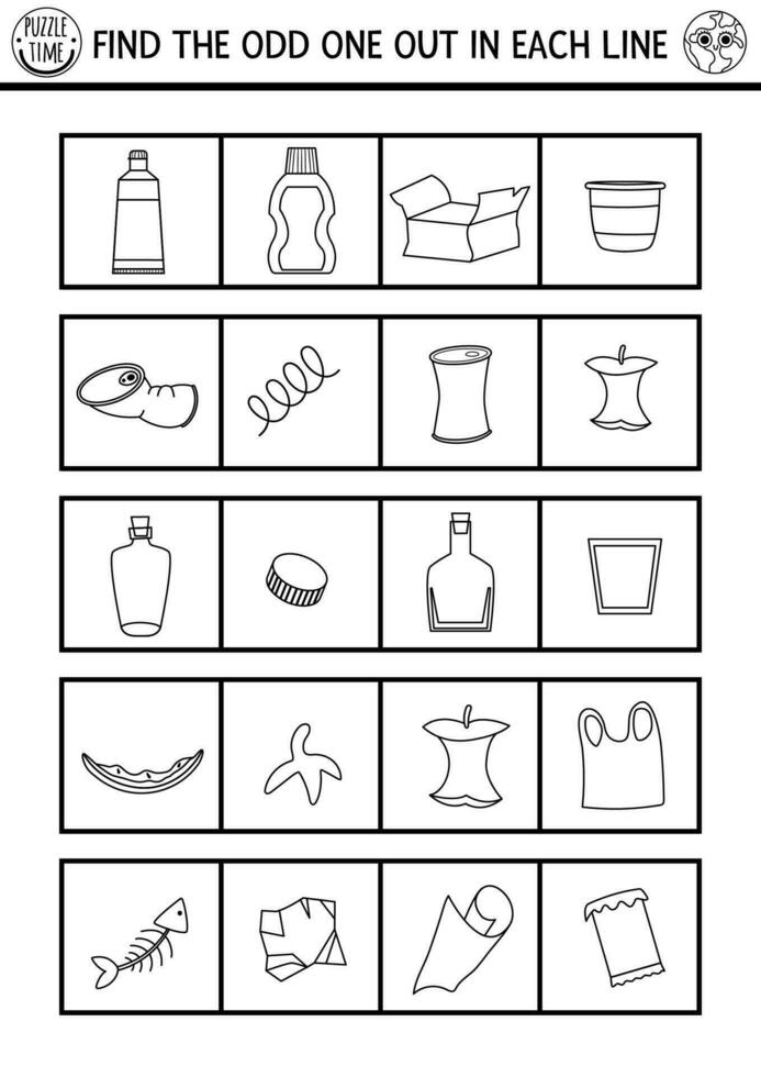 Find the odd one out. Ecological black and white logical activity for children. Eco awareness zero waste educational quiz worksheet for kids for attention skills. Simple printable coloring page vector