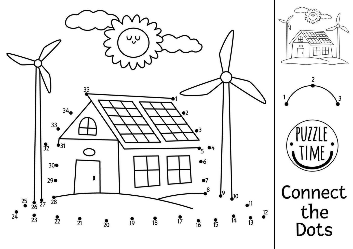 Vector dot-to-dot and color activity with cute eco house and wind turbines. Ecological connect the dots game for children. Eco awareness coloring page for kids. Printable worksheet with numbers