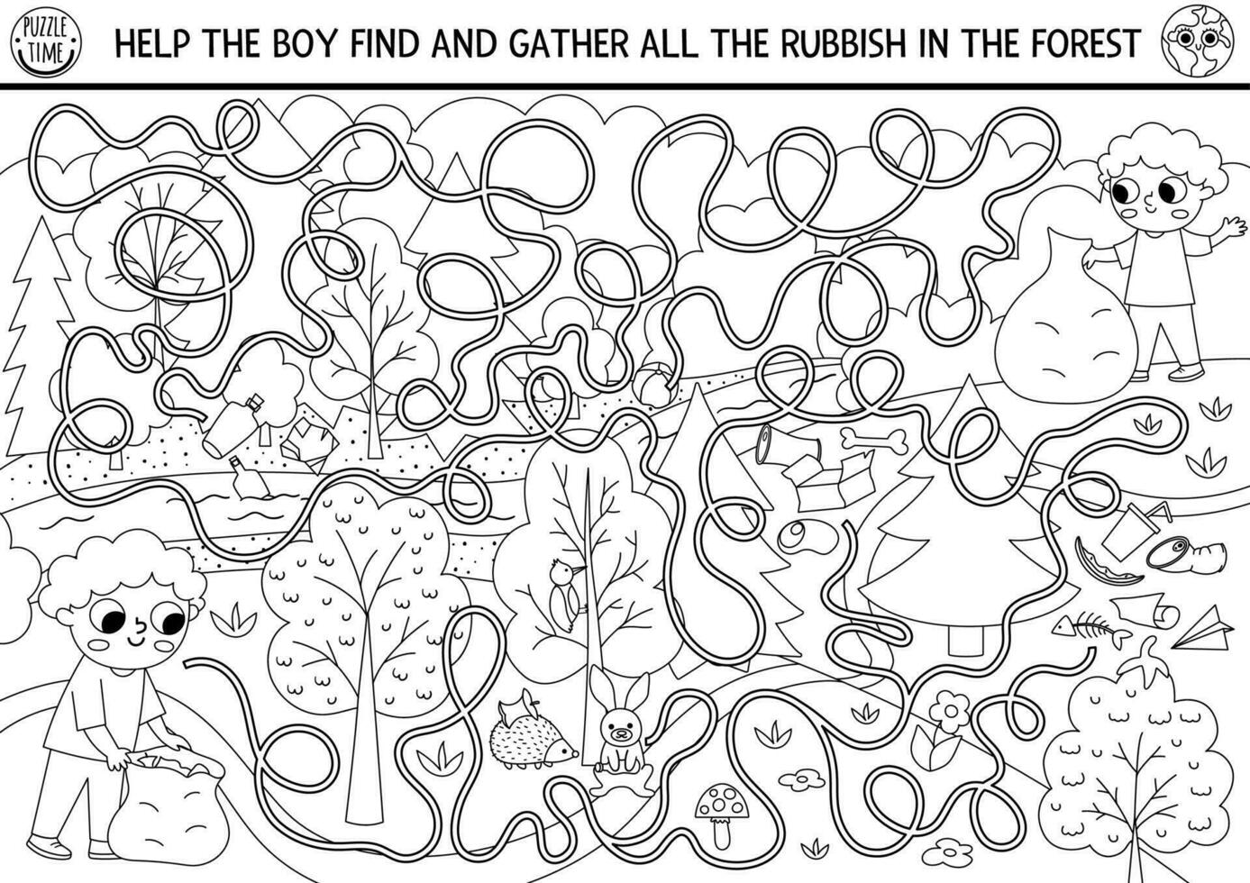 Ecological black and white maze for children with kid gathering garbage in forest. Earth day preschool activity. Eco awareness labyrinth game, puzzle. Nature protection printable coloring page vector