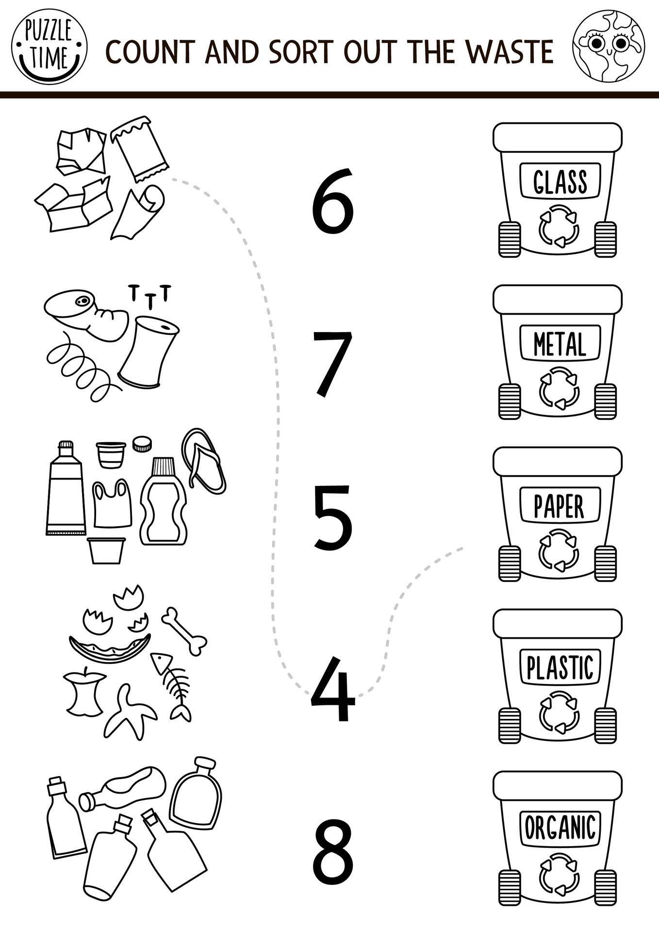 Match the numbers black and white ecological game with garbage, rubbish