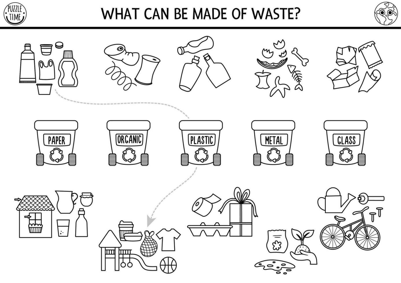 Ecological black and white matching activity with waste sorting concept. Earth day puzzle. Printable worksheet or game. Sort out garbage. Eco awareness coloring page for kids with rubbish bins vector