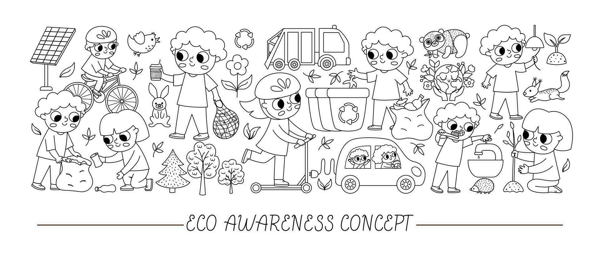Vector ecological black and white horizontal set with cute children caring of nature. Earth day card template for banners, invitations. Cute environment friendly coloring page with planet
