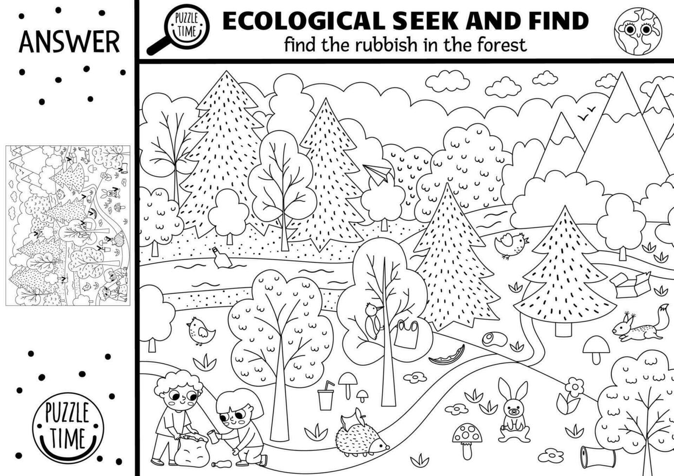 Vector black and white ecological searching game with forest landscape, rubbish. Spot hidden garbage in picture. Zero waste seek and find educational printable activity. Earth day coloring page