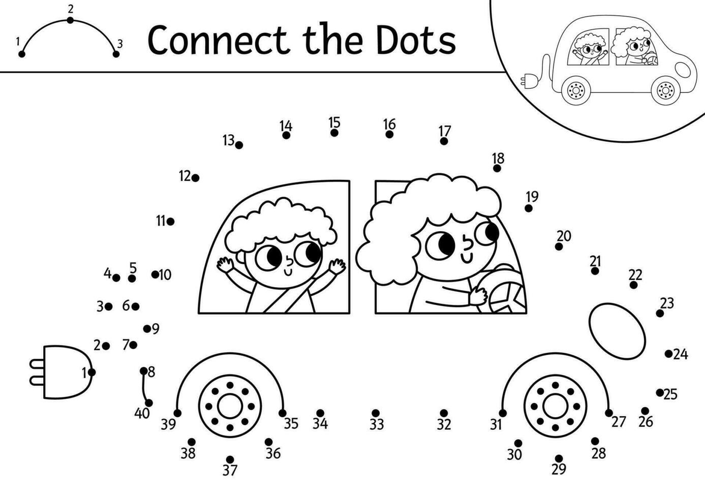Vector dot-to-dot and color activity with cute electro car. Ecological connect the dots game for children. Eco awareness coloring page for kids. Printable worksheet with numbers