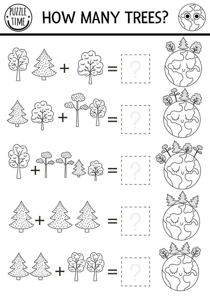 How many trees black and white game with cute planet. Ecological math addition activity for preschool children. Simple eco earth day printable counting coloring page for kids with plants and Earth vector