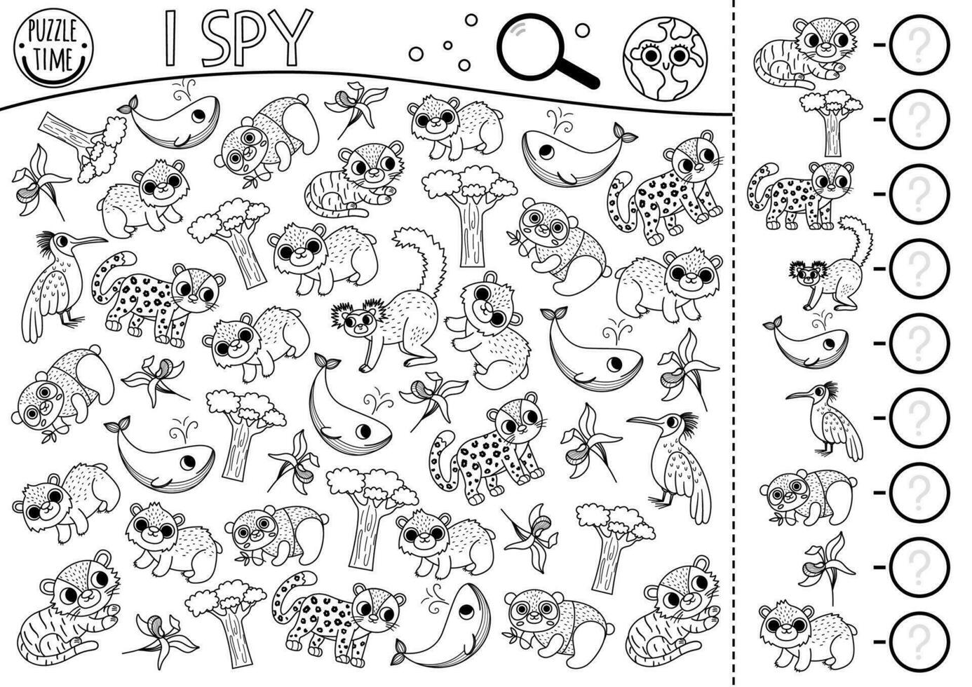 Ecological black and white I spy game for kids. Searching and counting activity with extinct animals. Earth day line printable worksheet. Eco awareness coloring page with endangered animals vector