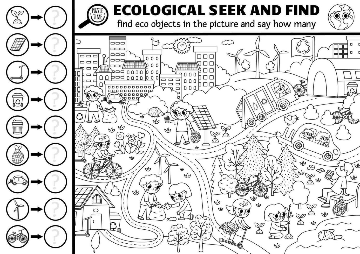 Vector black and white ecological searching game with eco city landscape. Spot hidden objects in the picture and say how many. Earth day seek and find and counting printable coloring page