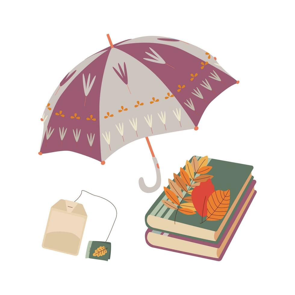 Umbrella, book, leaves, tea. Hello autumn. Autumn season element, icon. vector