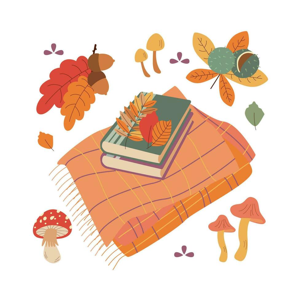 Chestnut, acorn, mushroom, book, leaves, plaid. Hello autumn. Autumn season element, icon. vector