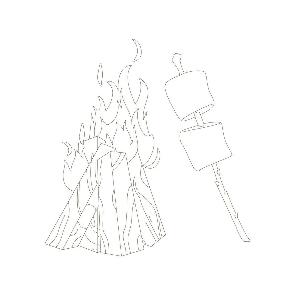 Bonfire, marshmallow on a stick. Drawn elements for camping and hiking. vector