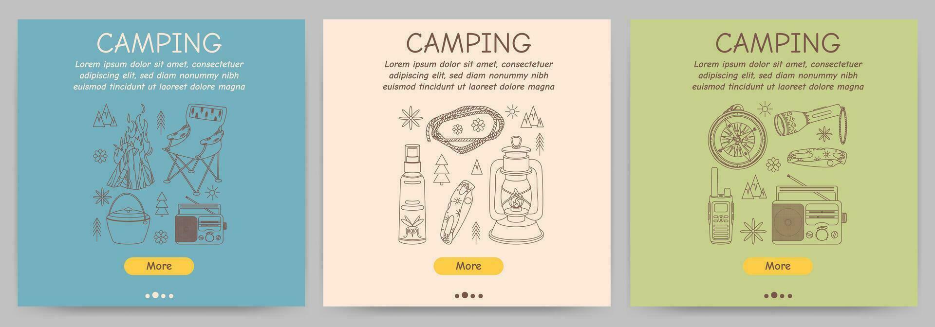 Set of promotional flyers for camping, travel, hiking, picnic. Vector illustration for poster, banner, cover, advertisement, web page.