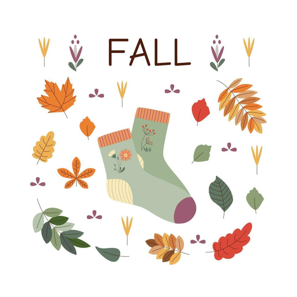 Sock, leaves. Hello autumn. Autumn season element, icon. vector