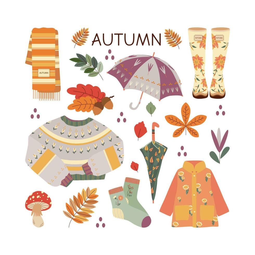 Umbrella, scarf, boots, raincoat, mushroom, sock, leaves. Hello autumn. Autumn season element, icon. vector