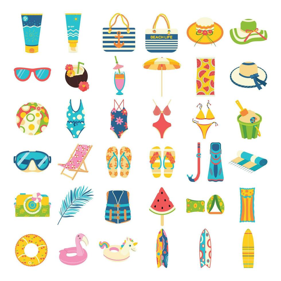 playa conjunto para verano excursiones. Gafas de sol, cóctel, paraguas, toalla, traje de baño, bucear, chancletas, inflable pelota, tabla de surf. vector