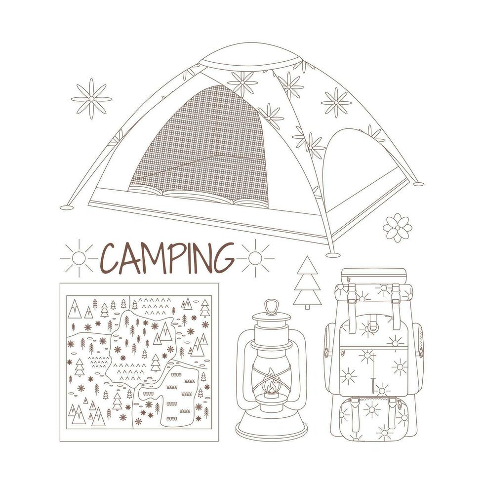 Camping and hiking set, drawn elements  tent, backpack, map, oil lamp, flashlight. vector