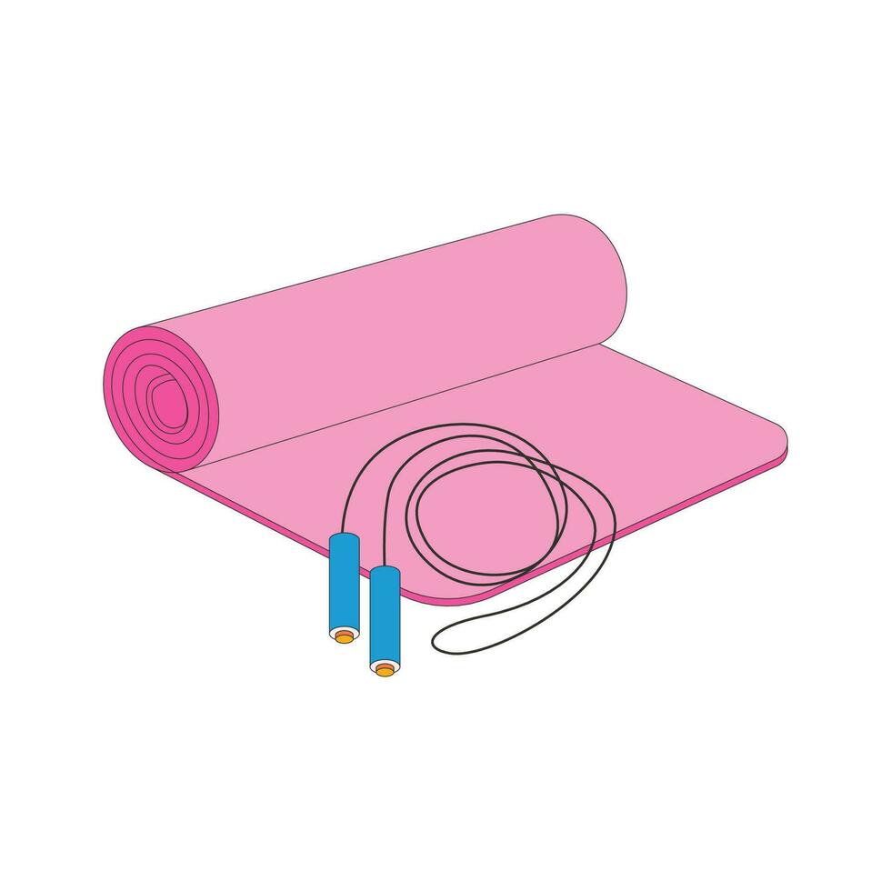 A mat, jump rope. Sport equipment. Fitness inventory. Flat vector illustration.