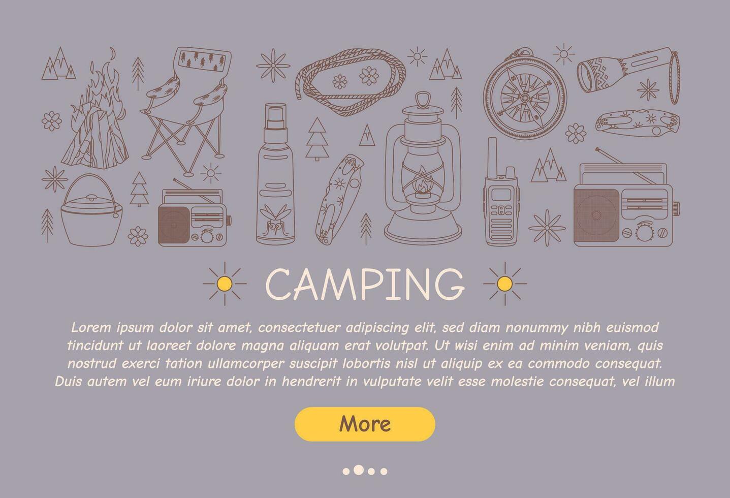 Promotional flyer for camping, travel, hiking, picnic. Vector illustration for poster, banner, cover, advertisement, web page.