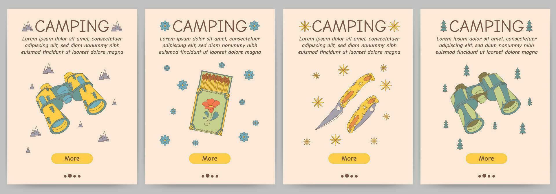 Set of promotional flyers for camping, travel, hiking, picnic. Vector illustration for poster, banner, cover, advertisement, web page.