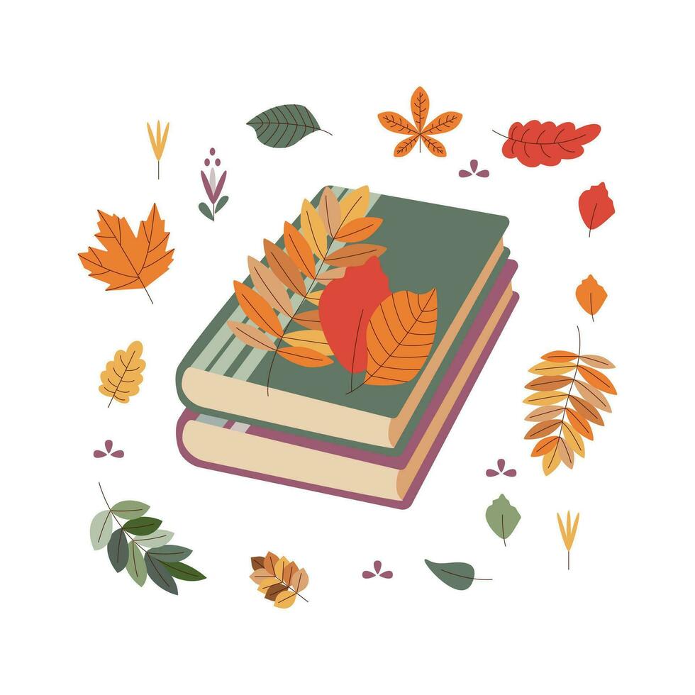 Book, leaves. Hello autumn. Autumn season element, icon. vector