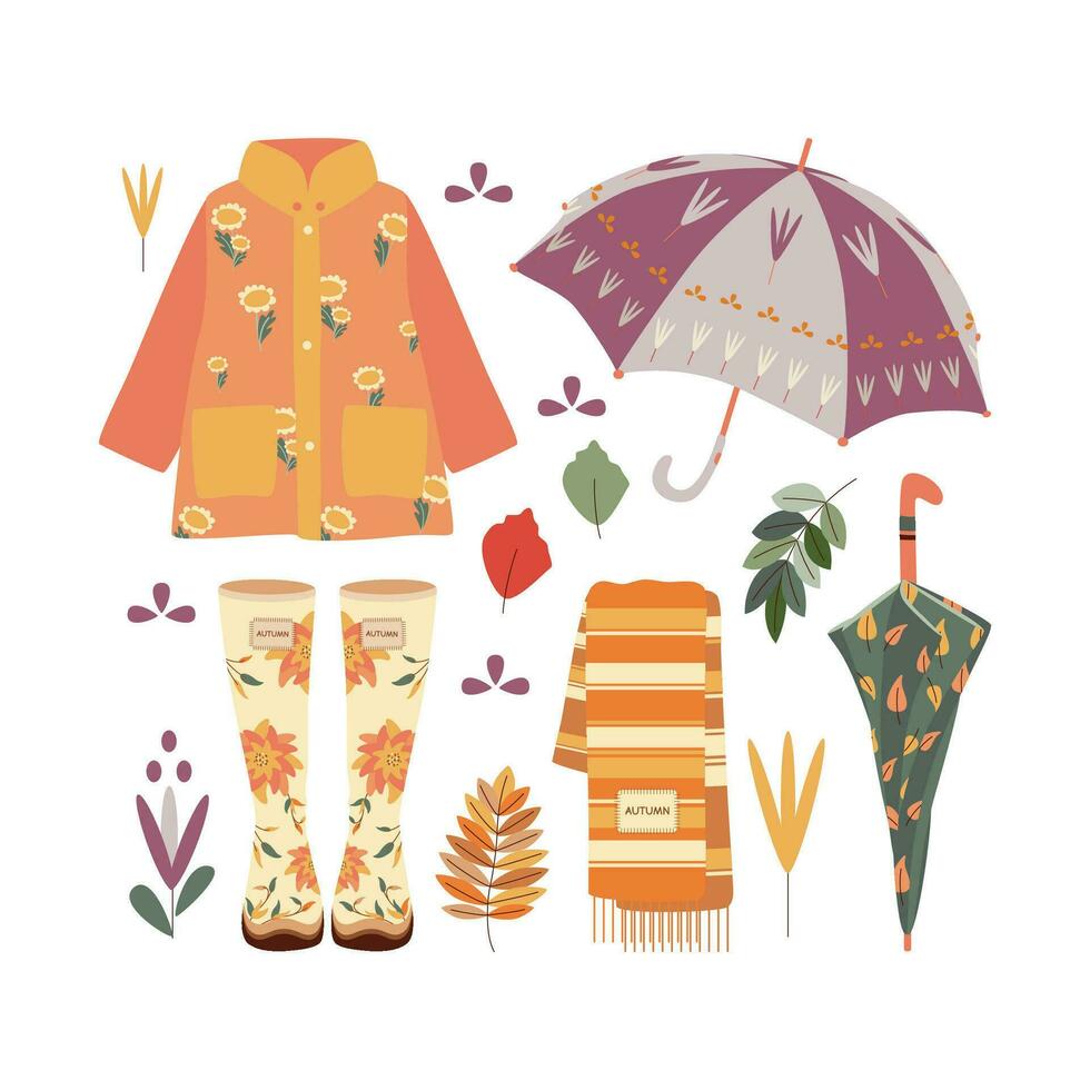 Umbrella, scarf, boots, raincoat, leaves. Hello autumn. Autumn season element, icon. vector