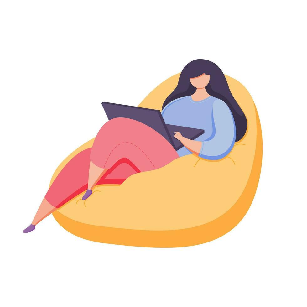 Girl sitting in a bean bag chair and working on a laptop. vector