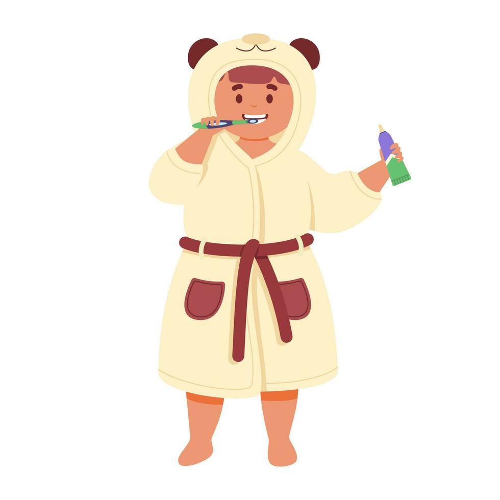 Cute child in a bathrobe brushes her teeth with a toothbrush. vector