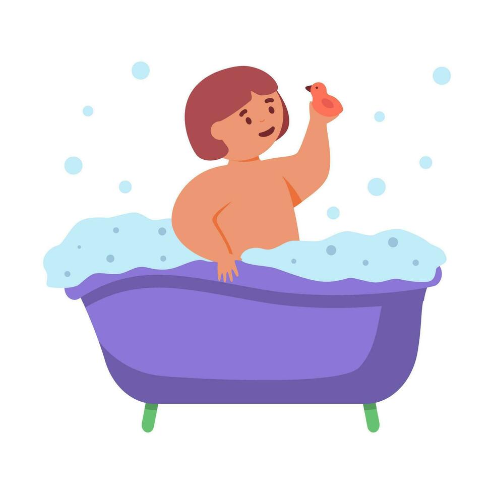 linda pequeño niña tomando bañera lleno de jabonoso espuma. vector