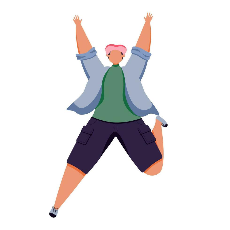 Joyful guy in bright clothes is jumping. vector