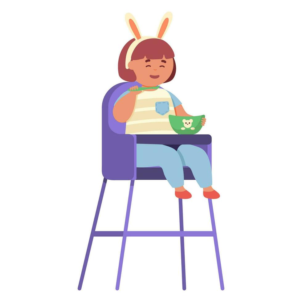 contento pequeño niña comiendo comida por sí misma en bebé alto silla. vector