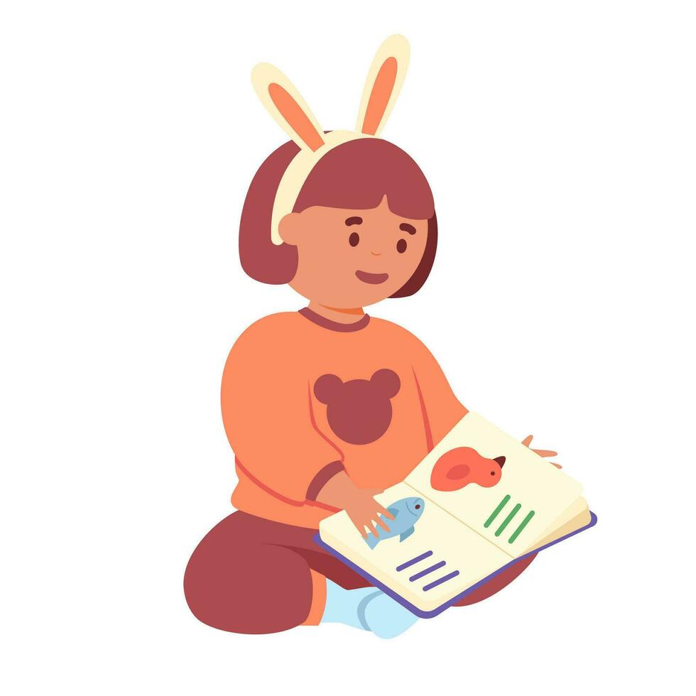 Happy little girl is reading book vector