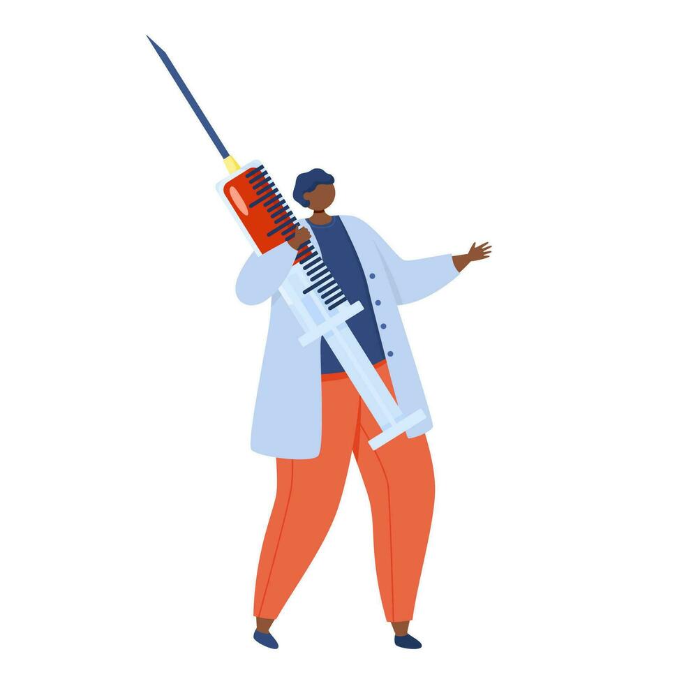 Young medical worker in uniform holds a large syringe in his hands. vector