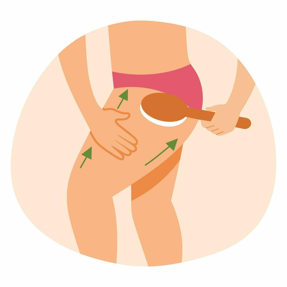 mujer da sí misma seco masaje en contra celulitis ilustración en tema tomando cuidado de tu cuerpo. vector