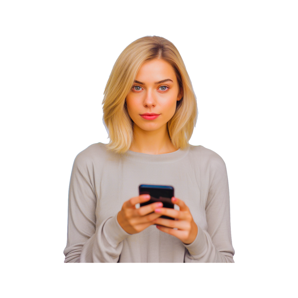 a beautiful girl holding a smartphone ai generative png