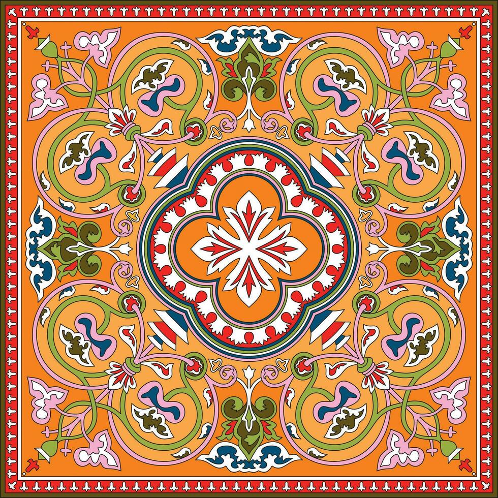 Vector colored orange square byzantine ornament. Tiles of ancient Greece and the Eastern Roman Empire. Decoration of the Russian Orthodox Church.