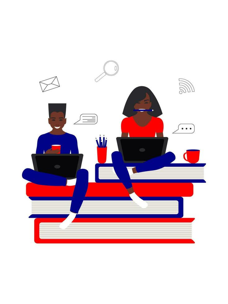 African American cheerful students, a guy and a girl, are sitting with laptops on books. Online education concept in flat style in red and blue color isolated on white background. Stay at home. Vector