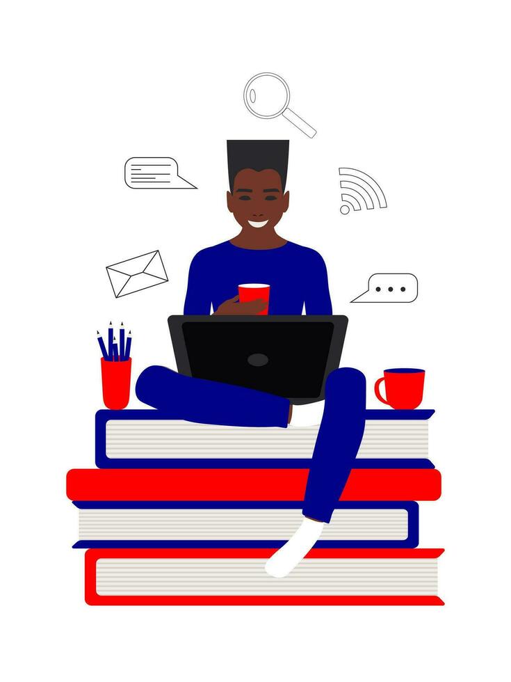 African American cheerful student, the guy is sitting with a laptop on the books. Online education concept in flat style in red and blue colors on white background. Stay at home. Vector. vector