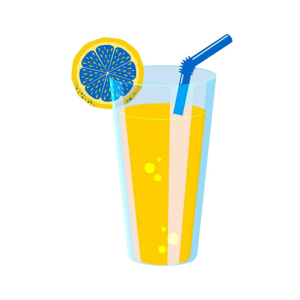 Orange juice in a glass transparent glass with a straw and a piece of citrus fruit. Summer drink on a white background. Vector. vector