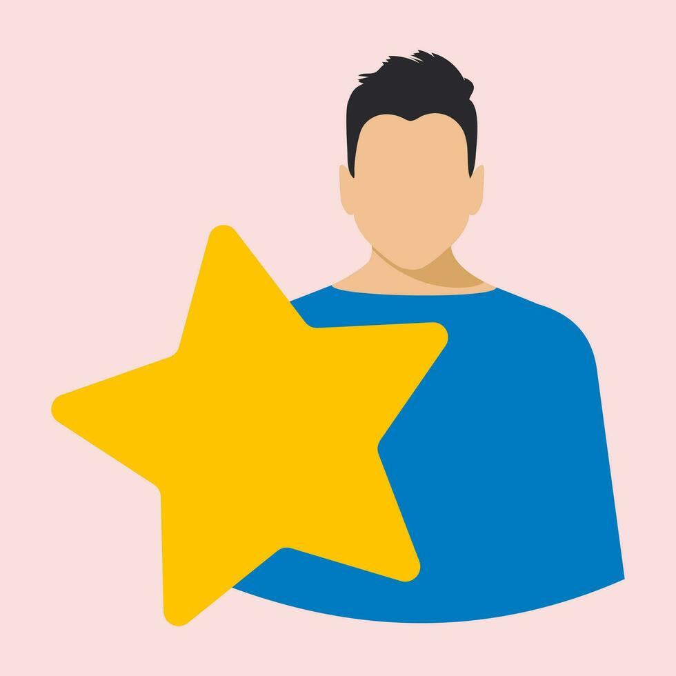 A man in a blue shirt holds a yellow star on a pink background. The manager of the online store offers the client to evaluate the level of service, leave a review. Flat style. Vector. vector