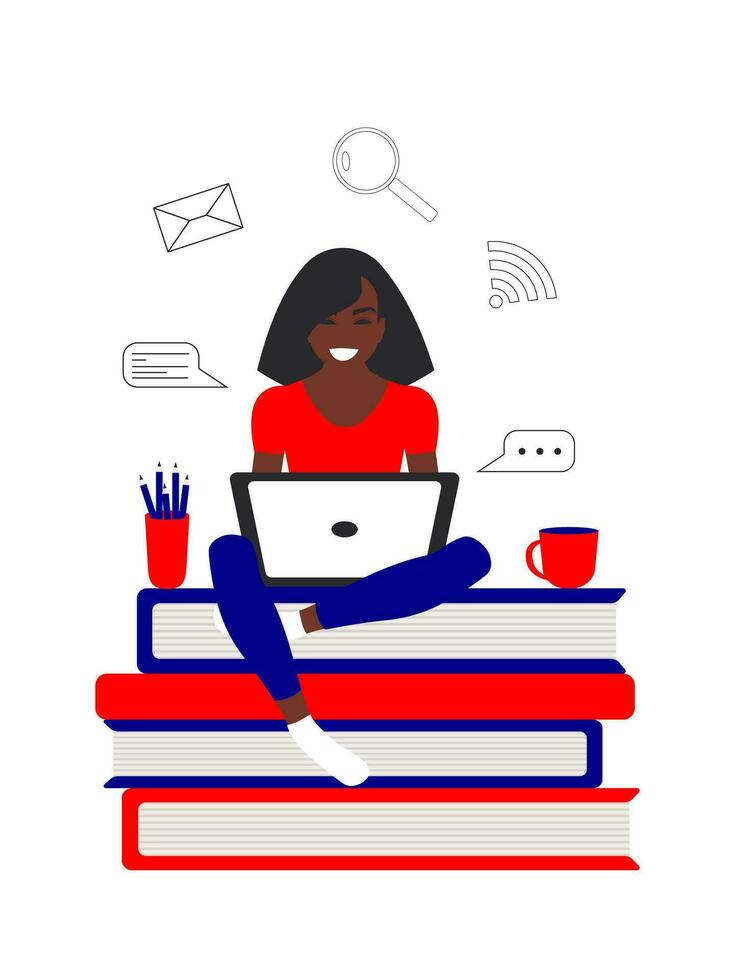 African American student girl is sitting with a laptop on the books. Online education concept in flat style in red and blue colors on white background. Stay at home. Vector. vector