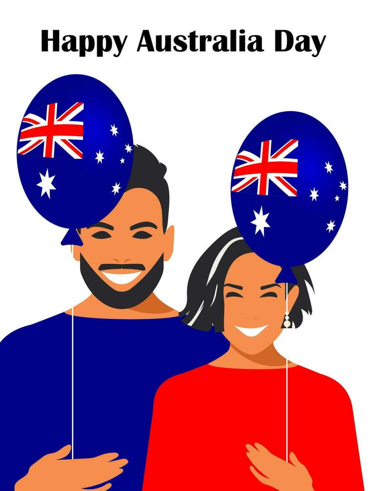 Happy Australia Day. A beautiful girl and a guy are smiling and holding a balloon with the image of a flag in their hands. Official national holiday. Vector. vector