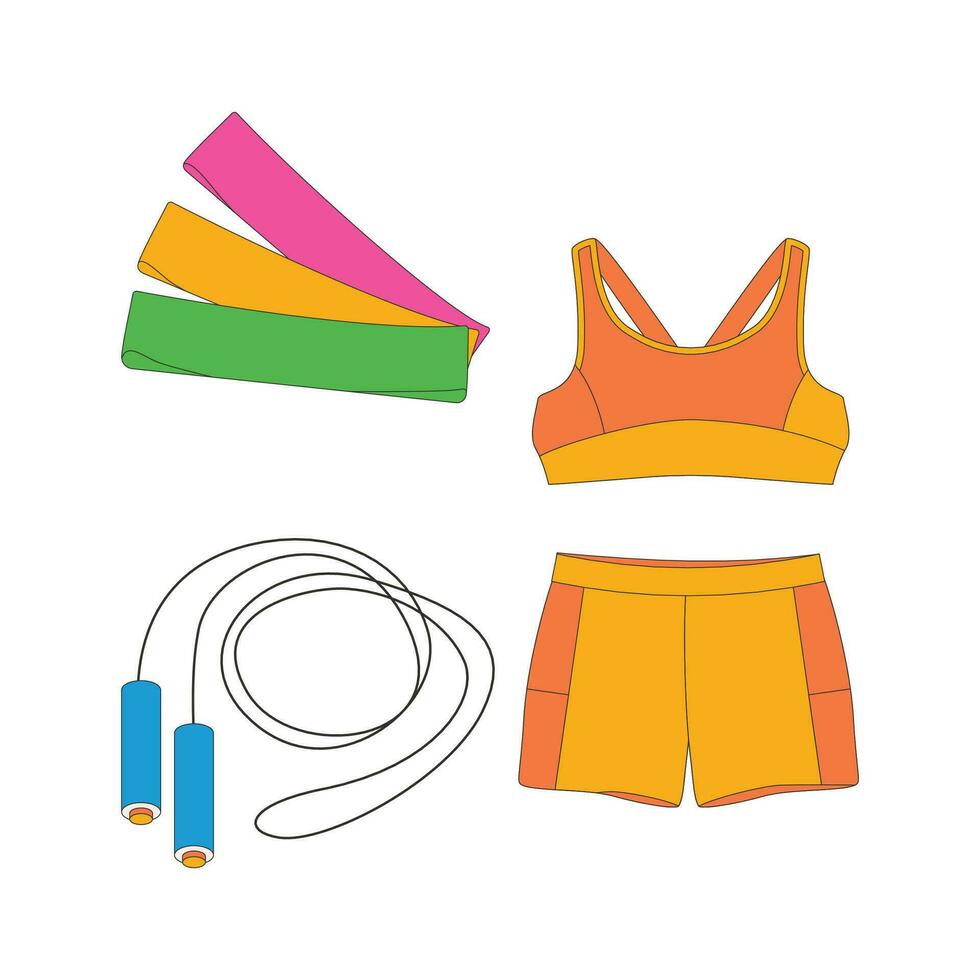 Sports top, shorts, sportswear, jump rope, rubber bands for training. Sport equipment. Fitness inventory. vector