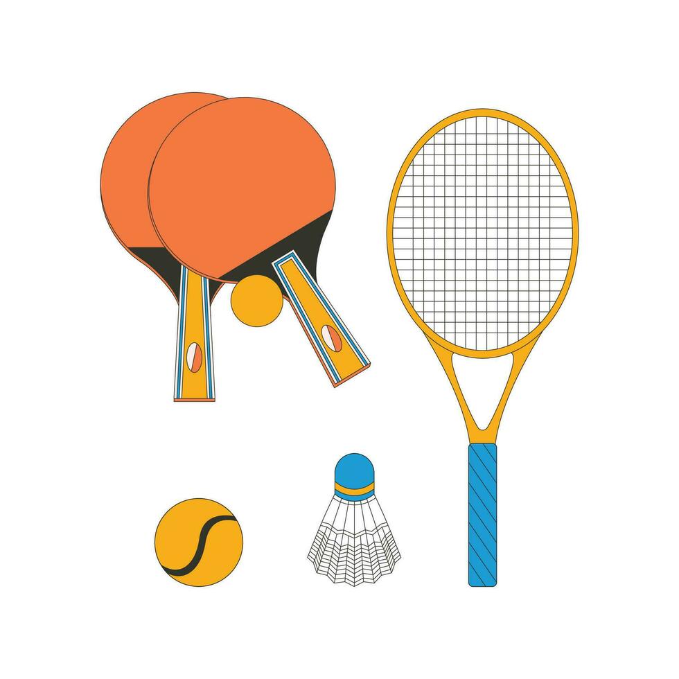 Racket and shuttlecock, ball for tennis. Sport equipment. Fitness inventory. Flat vector illustration.