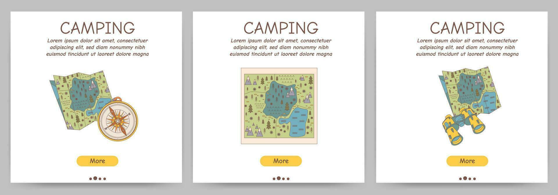 Set of promotional flyers for camping, travel, hiking, picnic. Vector illustration for poster, banner, cover, advertisement, web page.