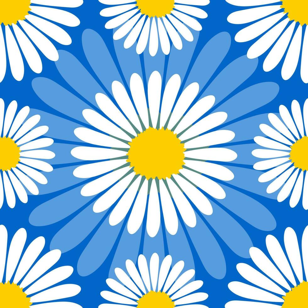 White chamomile flower on a blue background. Seamless cute pattern for modern textiles and fabrics, decorative paper. Vector. vector