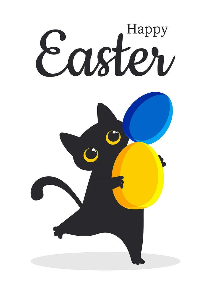 Happy Easter. A black cute cat holds colored Easter blue and yellow eggs in its paws. Vertical modern poster for the Orthodox holiday. Vector. vector