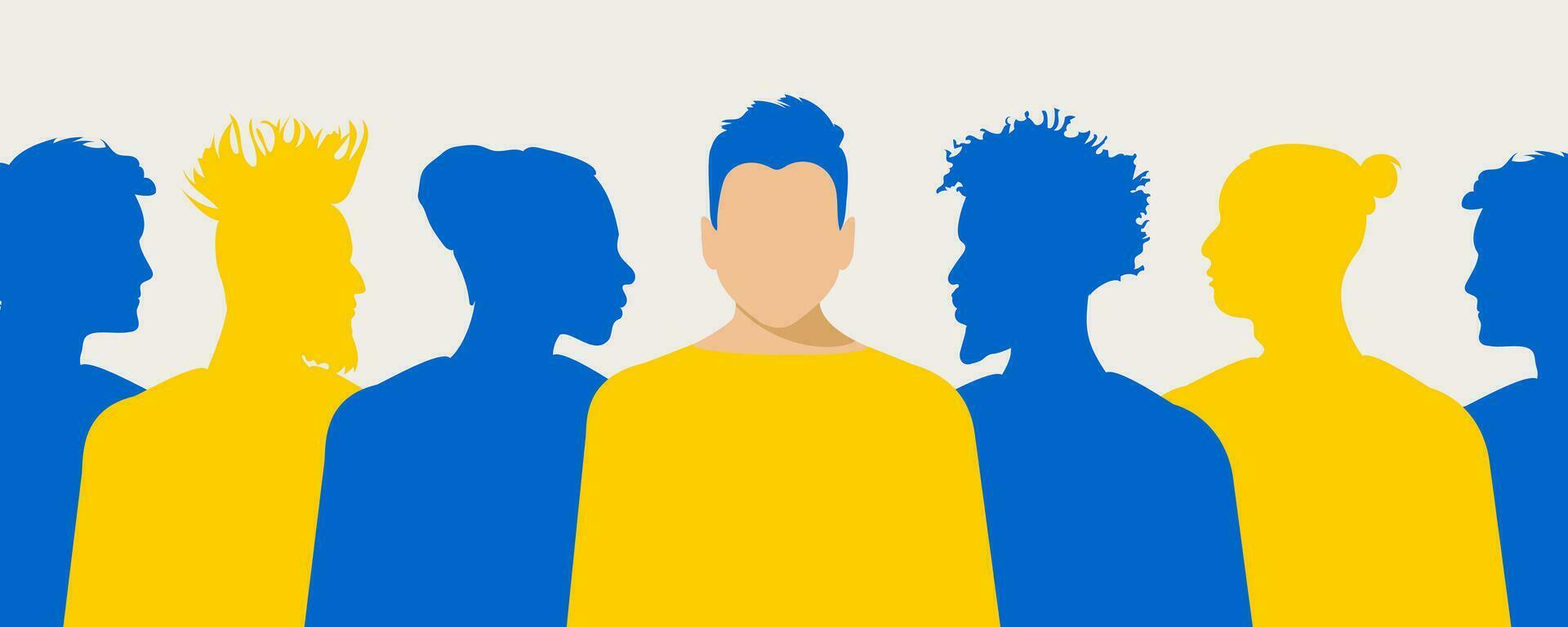 Men of different nationalities and religions stand together. Design in flat blue and yellow color style. Father's Day. LGBT communities fight for equal rights. Vector. vector