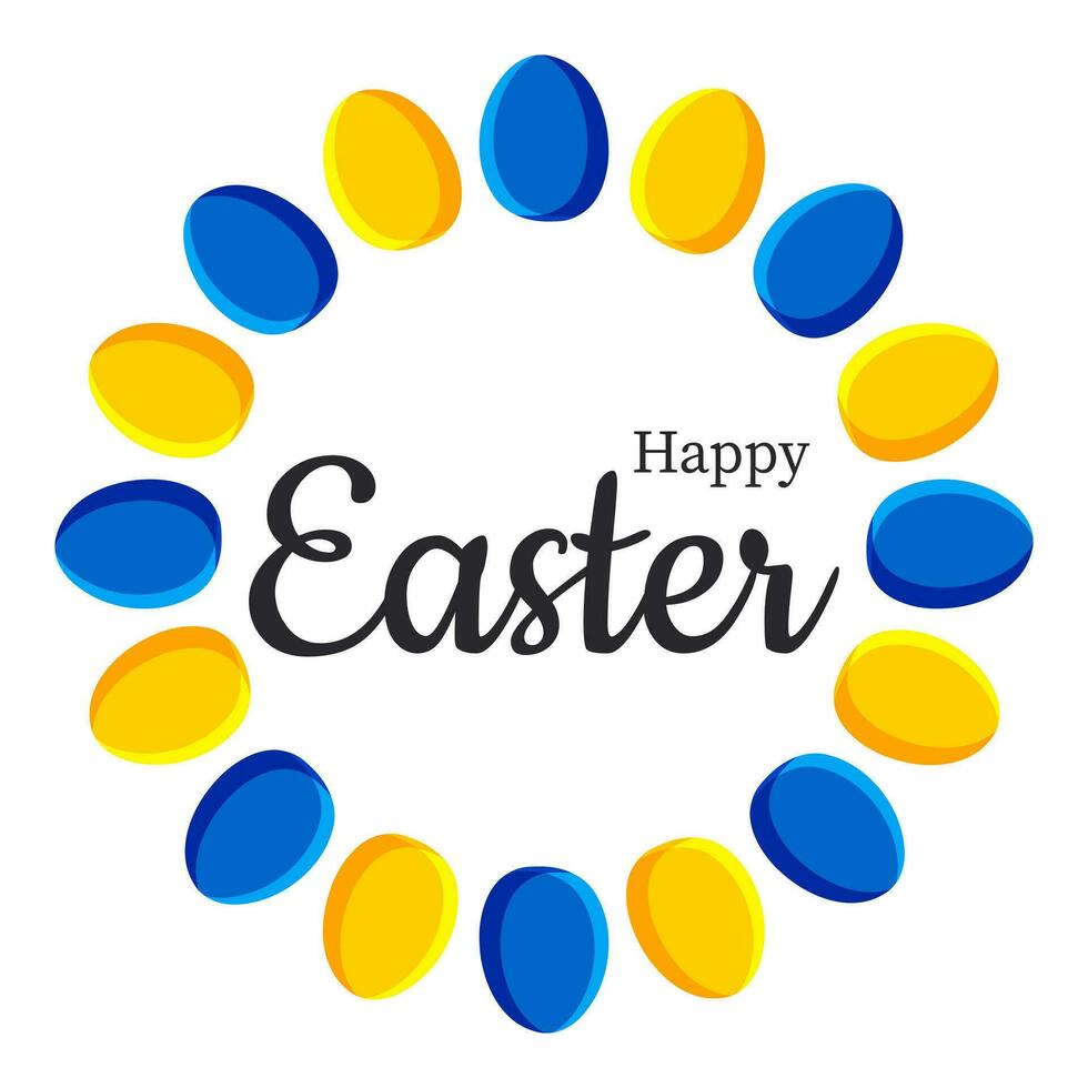 Yellow and blue eggs on a white background are arranged in a circle with black congratulatory text. View from above. Spring holiday Happy Easter. Vector. vector