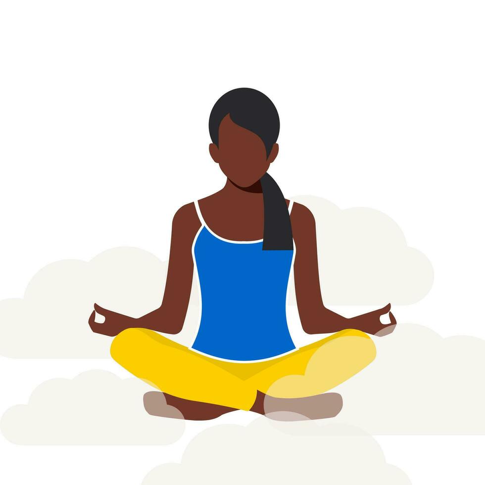 africano americano mujer meditando mental salud concepto. el niña aclara su pensamientos y siente luz, como Si ella es volador en el nubes vector. vector